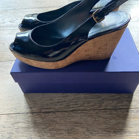 Stuart Weizman, black, patent leather wedge heels.
